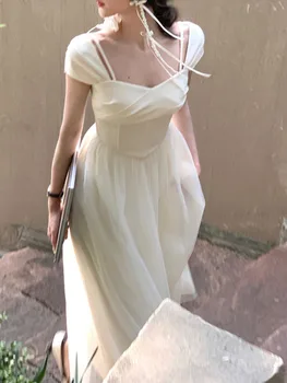 Элегантные платья для женщин, уличная одежда с коротким рукавом, платье во французском стиле, сказочное однотонное платье миди Allne 2023, новое весенне-летнее платье