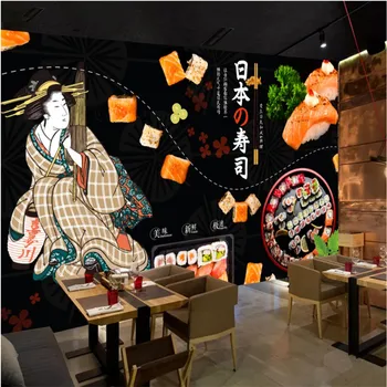Японская Кухня Укие-э Леди Тема Настенной Росписи Обои 3D Японский Суши Ресторан Черный Фон Обои Papel De Parede 3d